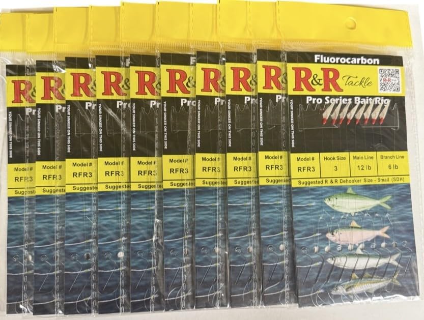 RFR3-10 pk Fluorocarbon Pro Series Bait Rig – 8 Red Size 3 Hooks with Lifelike Fish Skin – 12lb Main Line & 6lb Branch Lines – Sabiki Rig for Pilchards, Sardines & Herring