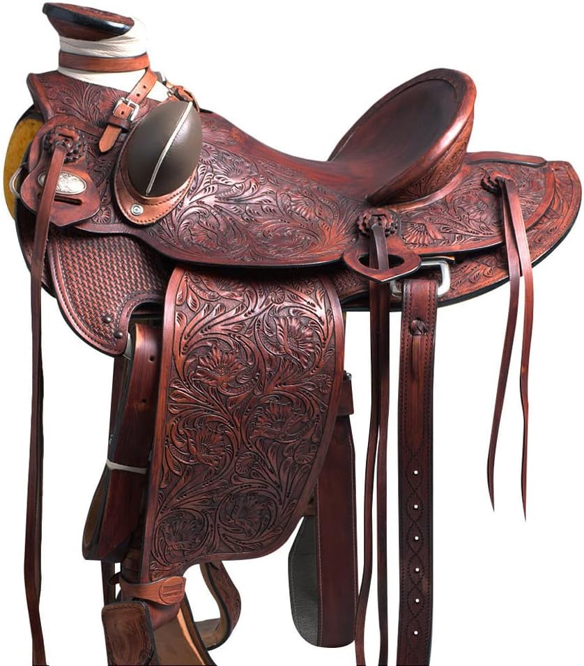 HILASON Western Horse Wade Saddle American Leather Ranch Roping Mahogany | Hand Tooled & for Horses