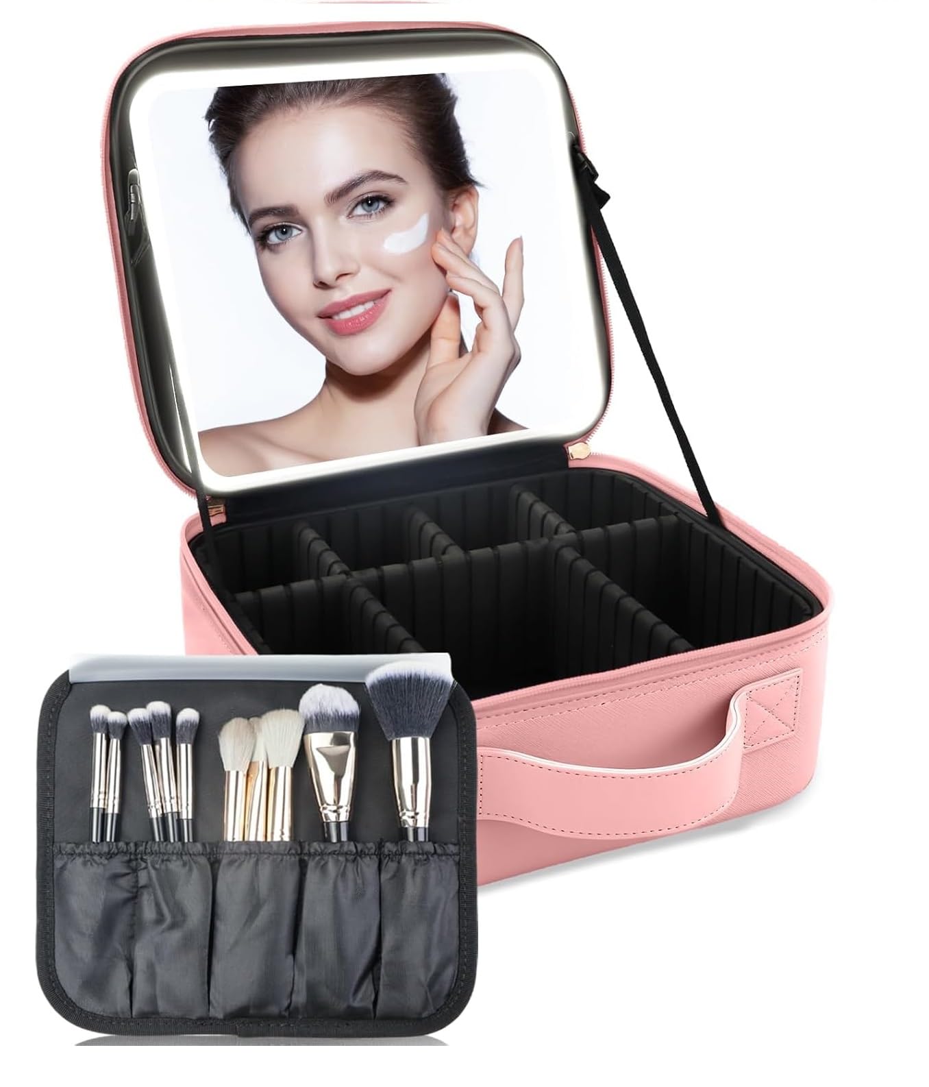Xacton Makeup Organizer Bag with LED Mirror & Light | 3 Colour Setting Portable Cosmetic Storage Case with Adjustable Dividers & Brush Holder | Vanity Box for Women Beauty Tools Accessories (Pink)-image-27