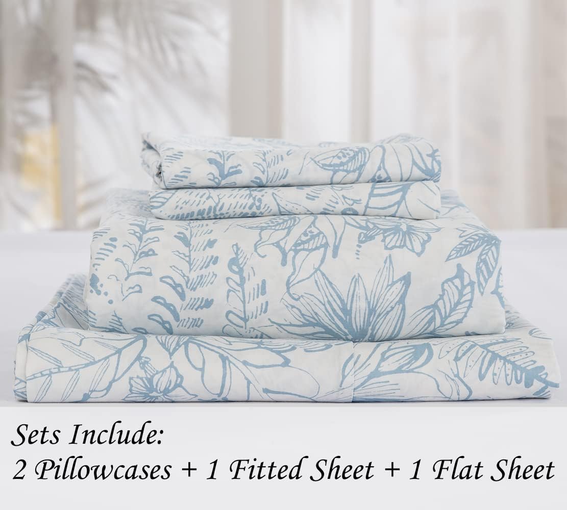 DAUAOTO Cotton Sheets Set King Size 4 Pieces Flower Bedding Sets, Aqua Blue Floral Pattern, Up to 14" Deep