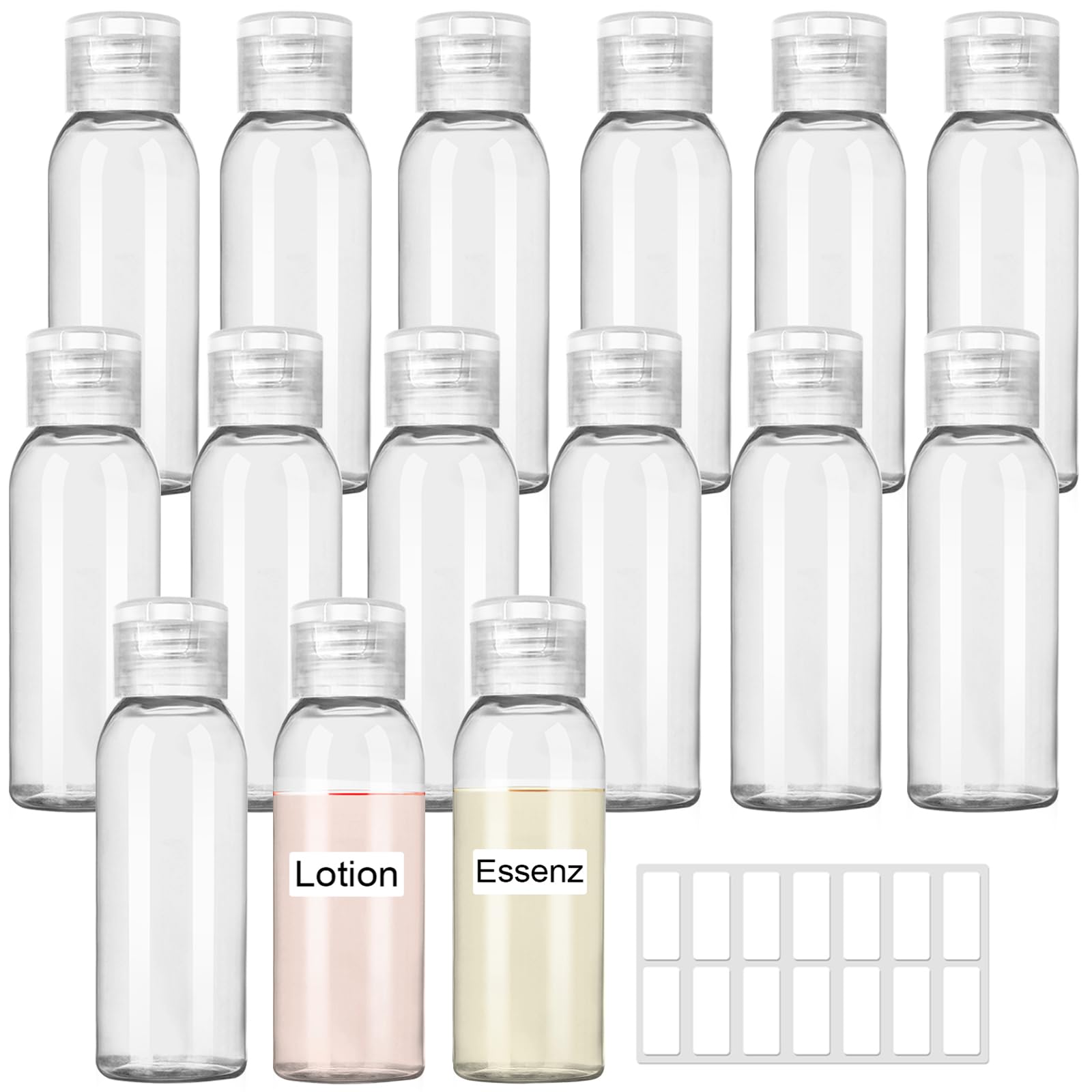 REJOECE 15 Pcs 50ml Travel Bottles Container for Toiletries Flip Cap Plastic Squeeze Bottles with Labels Use for Shampoo Lotion