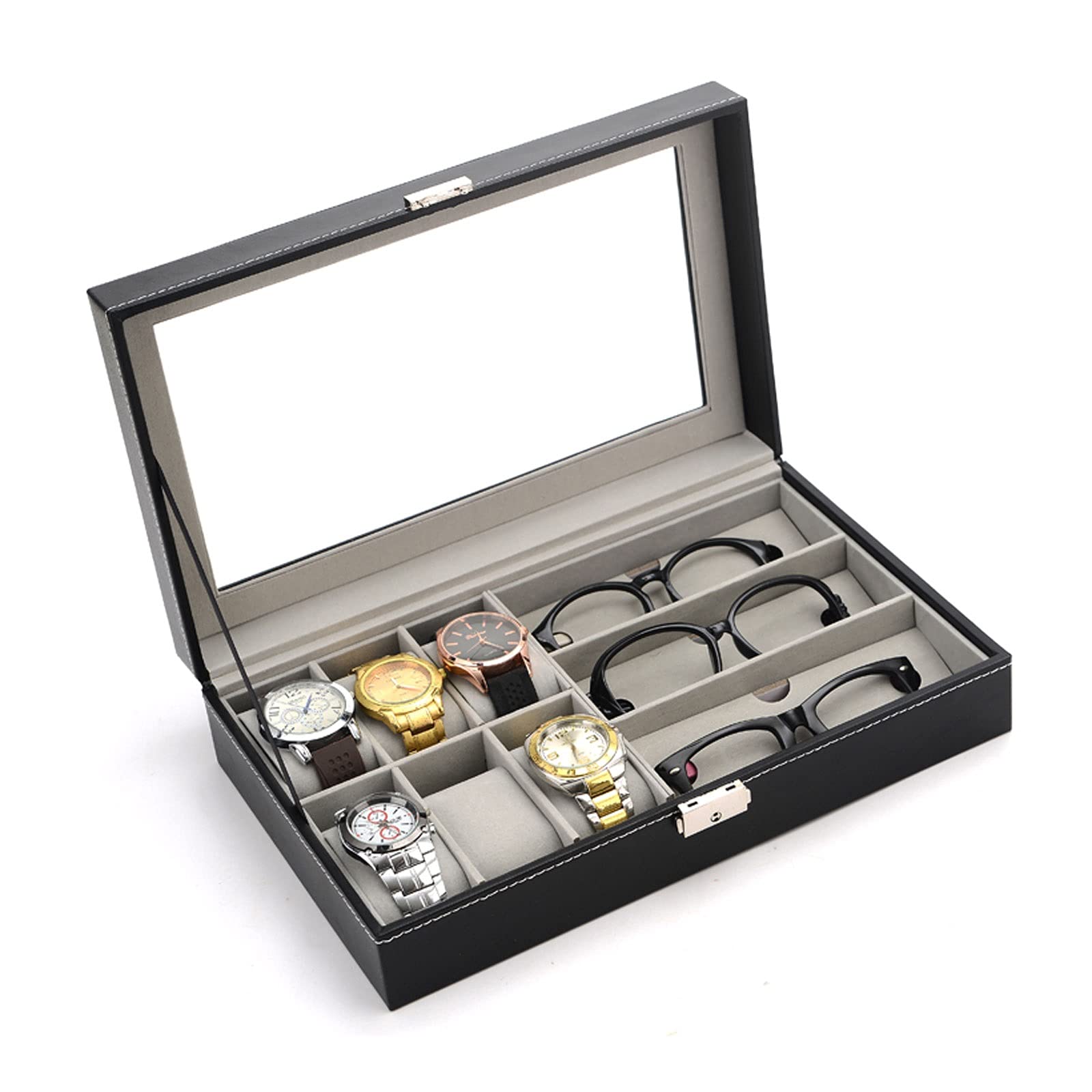 Brillenhalte Leder-Schmuckschatulle for 6 Uhren und 3-teilige Brillenaufbewahrung und Multi-Sonnenbrillen-Brillen-Vitrine for Damen und Herren Brillenständer (Color : Schwarz)