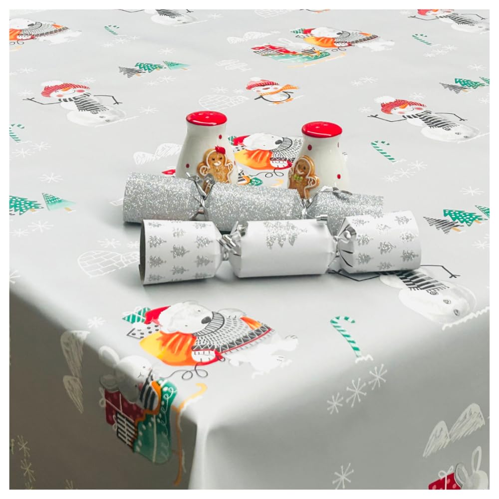 Jolee Tablecloths Grey Snowmen & Polar Bears Wipe Clean Christmas Pvc Table Cloth Table Protector, Durable Waterproof Table Cloth Festive Christmas Table Decoration, Holiday Gatherings (Rectangle 140Cm X 250Cm)