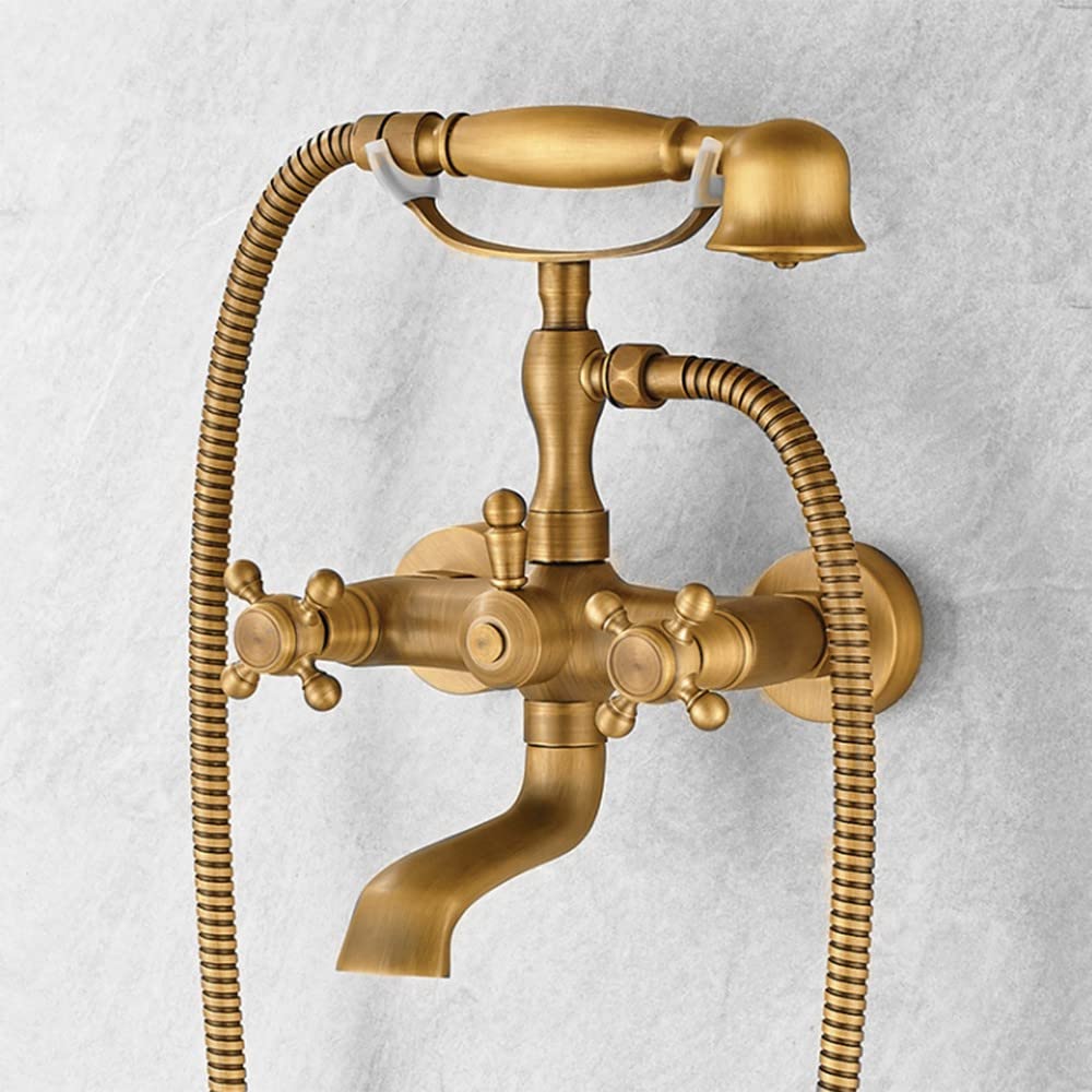 Grifería de ducha retro antigua, diseño vintage, con forma de teléfono, grifos de bañera, caño giratorio de 360°, con ducha de mano, grifo de ducha de doble mango para el baño
