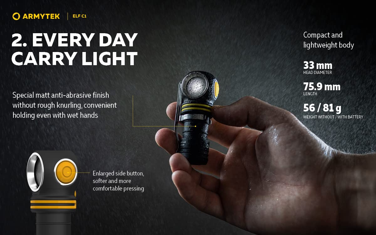 Armytek NEU, Stirnlampe Elf C1 v2 Kaltweiß 1000 Lumen LED-Lampe Micro USB Aufladbarer, Qualitativ Hochwertiger