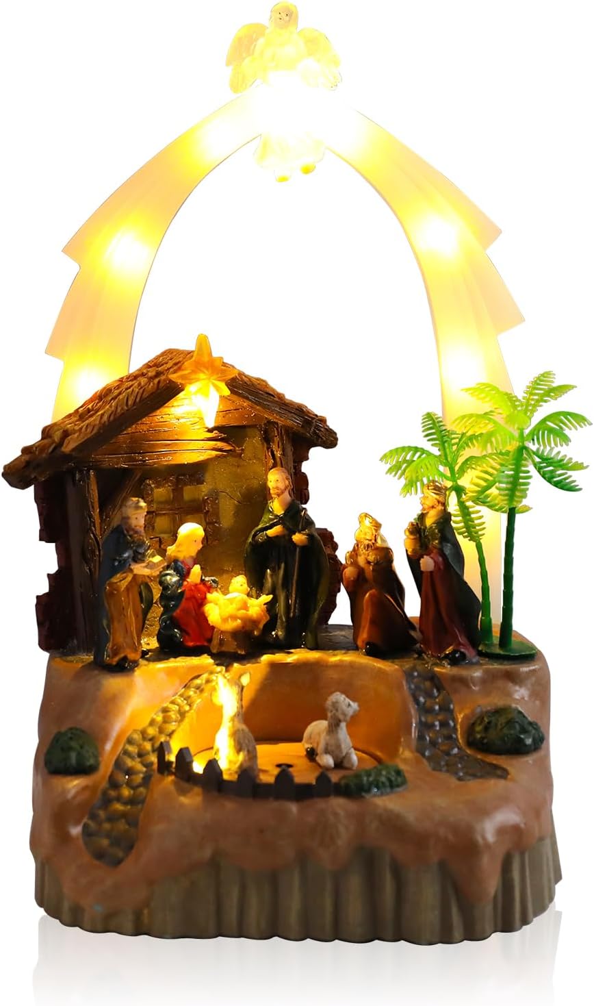 MUMTOP Christmas Village Nativity Scene with Rotating Sheep, Light Up Holy Family Manger Figurine for Indoor Holiday Christian Tabletop Decor