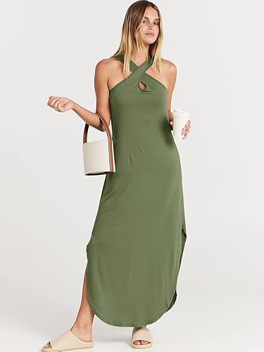 Miniatura 2 de ANRABESS Vestido largo casual de verano para mujer, con tirantes cruzados, sexy, abertura lateral, sin mangas, suelto, para playa, con bolsillos