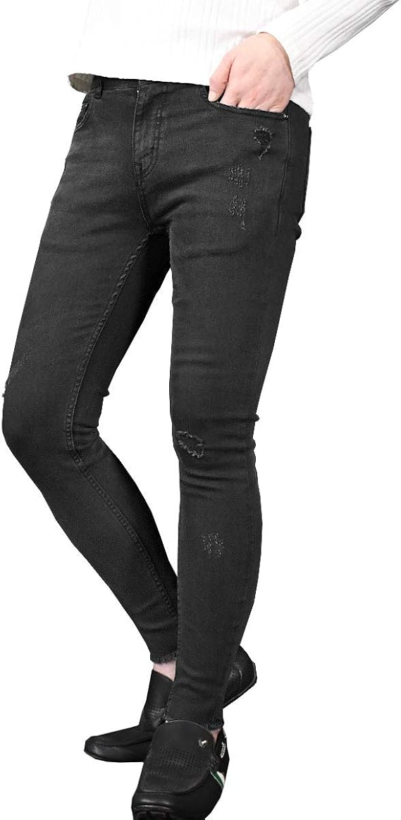 Amazon スキニー デニム アンクル丈 ダメージ加工 ストレッチ スリム ロングパンツ メンズ ブラック黒 48 ジーンズ 通販