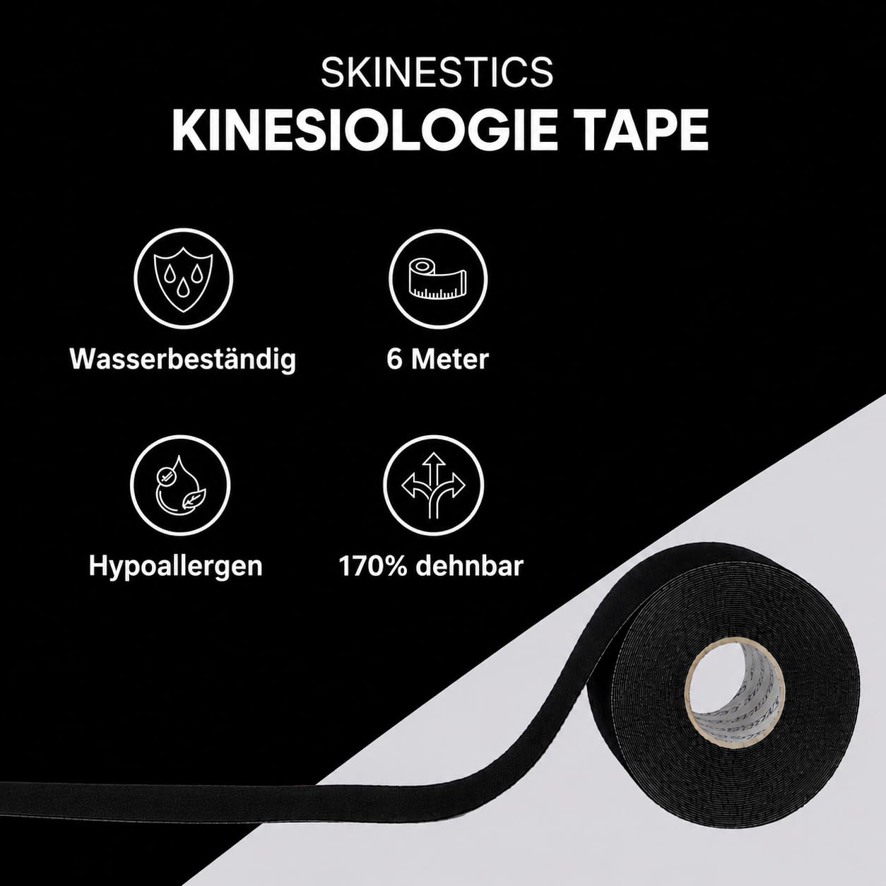 Skinestics | Kinesiologie Tape Schwarz | 3-Pack | 600cm x 5cm | Waterproof | Sportbandage & Medizinisches Kinesiotape | Knie, Fußball, Hallux Valgus, Tennisarm | Sport, Physio Tape, Cure Tape
