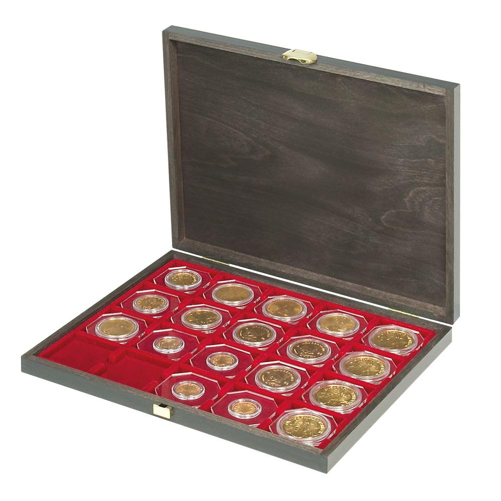 Estuche LINDNER Carus-1 de Madera auténtica con una Plantilla para Monedas en Color Rojo Oscuro, para 20 marquitos para Monedas 50 x 50 mm/cápsulas para Monedas CARRÉE/Octo