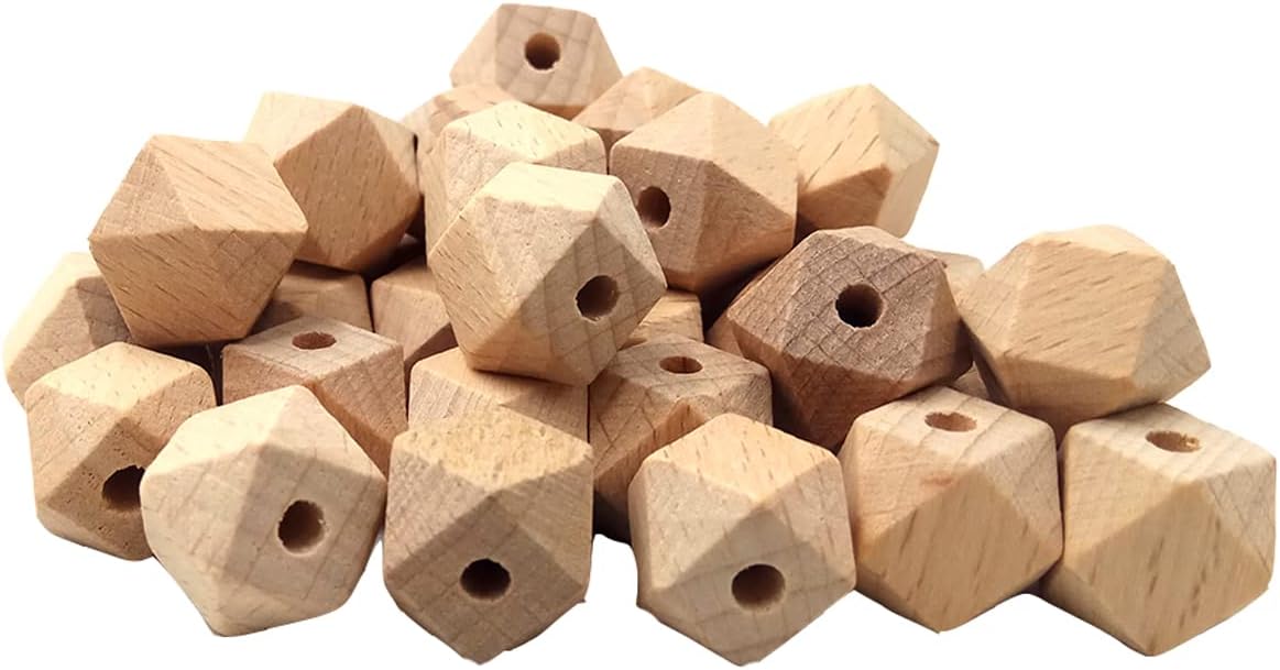 100pcs Faceted Beech Wood Geometric Hexagon Beads 20mm Unfinished Polygon Hexagonal Wooden Beads for Keychain DIY Home Decoration Crafts