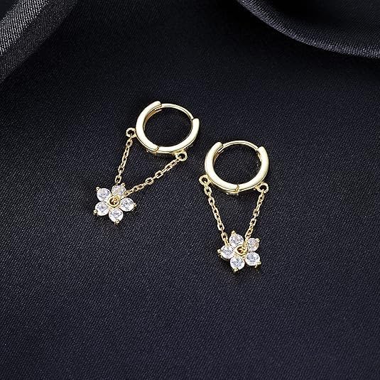Gold Chain Tassel Hoop Earrings for Women Zirconia Flower Drop Earrings Delicate 14K Small Hoop Earrings Trendy Rhinestone Flower Dangle Jewelry - Image 5