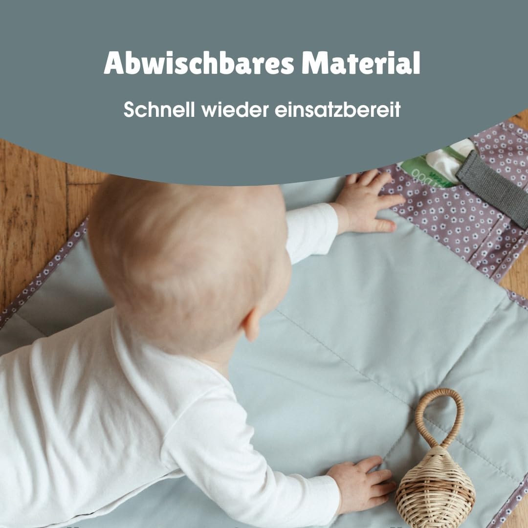 emma & noah Wickelunterlage für Unterwegs, 82x52 cm (gefaltet 25x18 cm), Abwaschbar, Wickeltasche mit Windeltasche für den Kinderwagen, Organizer für Windeln und Feuchttücher (Leo Grau)