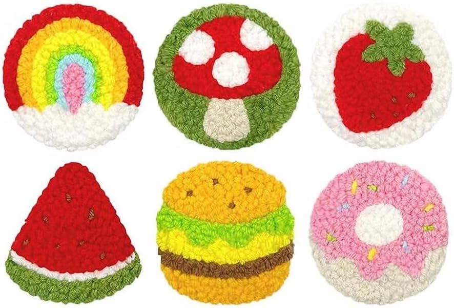 Punch Needle Coaster Kit 6 Patterns Rainbow Mushroom Tufted Rug Pads, DIY Needle Punch Coaster Kit for Adults Beginners with Adhesive Felt Yarns Embroidery Hoop Tools Instruction