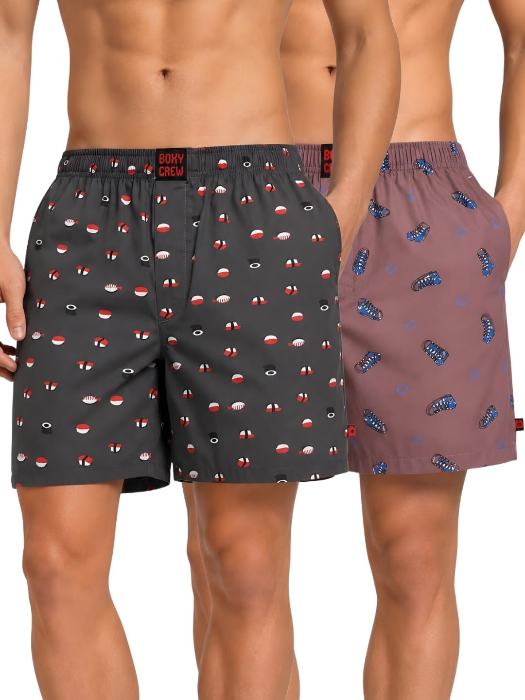 Men Boxer Shorts Pack of 2, 100% Cotton Woven Boxers, Charcoal & Mauve, Printed Designs, Dual Side Pockets, No-Marks Inner Elastic Waistband, Relaxed Fit Lounge & Sleep Shorts-image-24