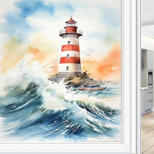 Miniatura 10 de Lámina abstracta retro de acuarela para ventana de vidrio con diseño de faro, diseño náutico, para privacidad en el océano, no adhesiva, para baño