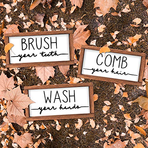 Libwys Bathroom Sign & Plaque (Set Of 3) Wash Your Hands Brush Your Teeth Comb Your Hair Decorative Rustic Wood Farmhouse Bathroom Wall Decor (White) #TOP1