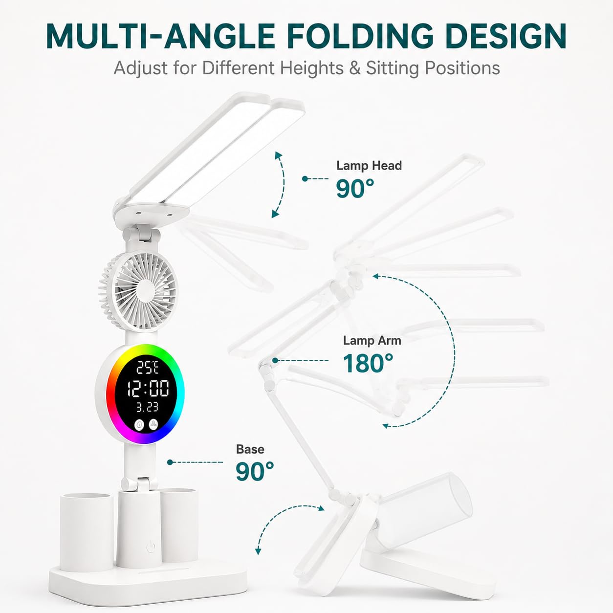 Lampe de bureau LED, lampe d'étude à double tête avec ventilateur