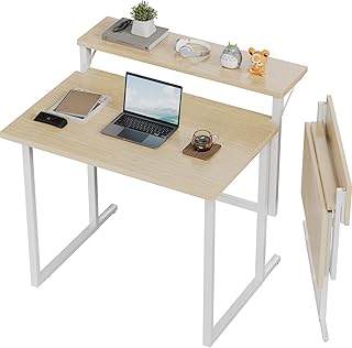 JUMMICO Schreibtisch Klappbar, 80 cm Kleiner Schreibtisch mit Monitorablage, 2-stufiger Klapptisch für Home Office, Büro, Schule, Computertisch für kleine Räume, Beige