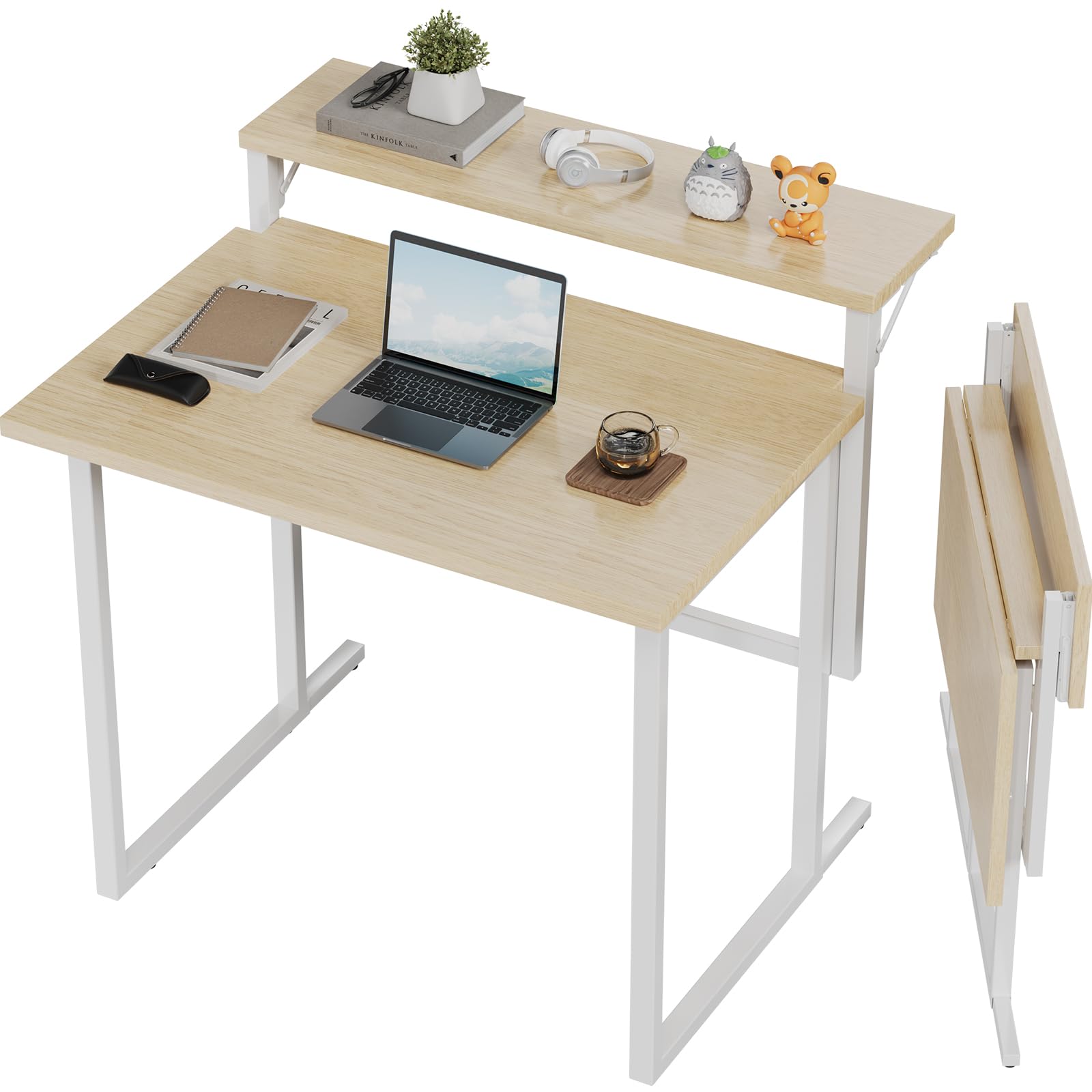 JUMMICO Schreibtisch Klappbar, 80 cm Kleiner Schreibtisch mit Monitorablage, 2-stufiger Klapptisch für Home Office, Büro, Schule, Computertisch für kleine Räume, Beige