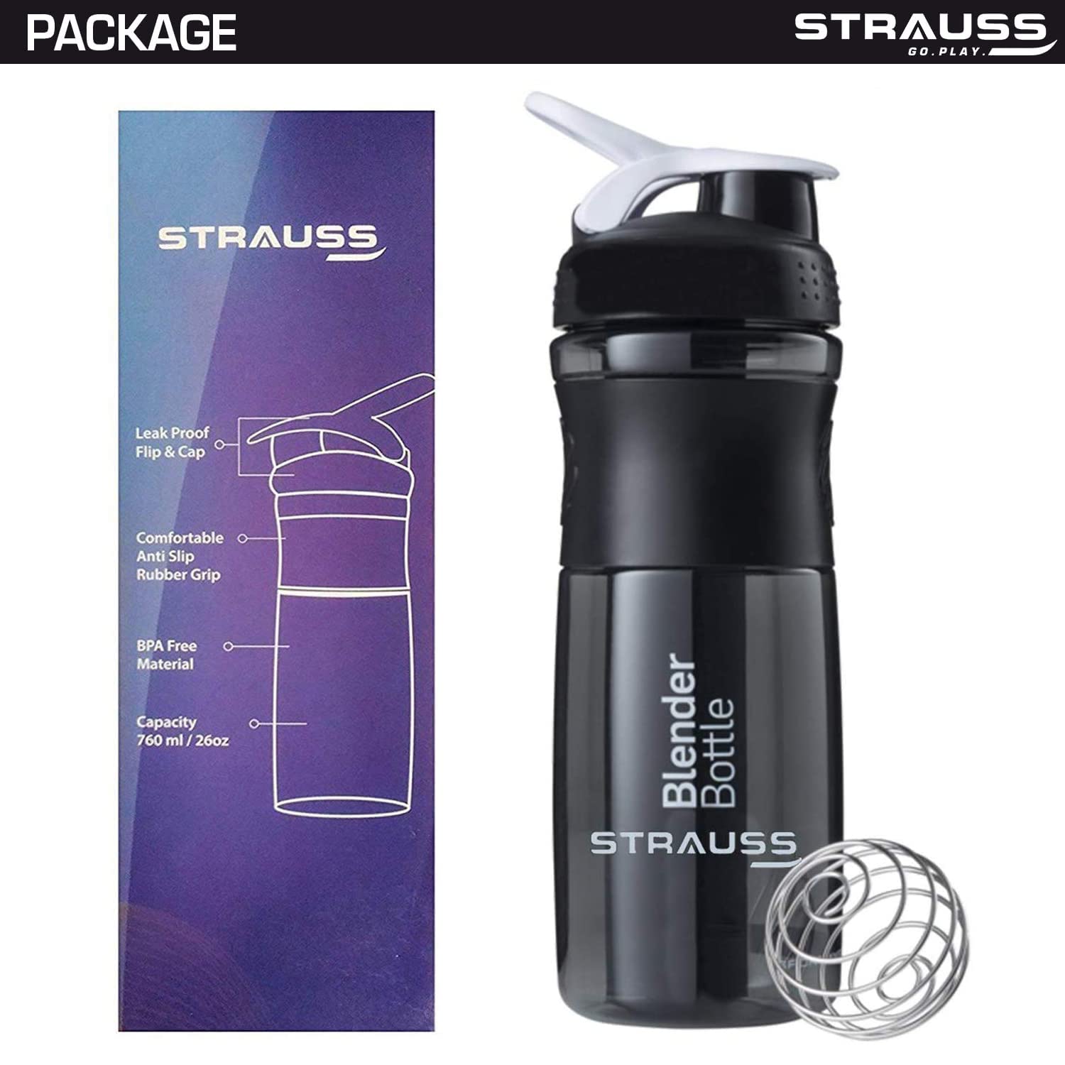 STRAUSS Blender Bouteille shaker de protéines | Shaker de gym | Bouteille à bec | Bouteille de gym