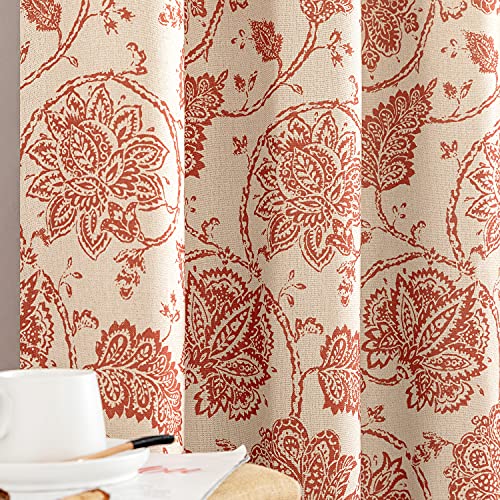 Jinchan Floral Scroll Printed Linen Textured Curtains Grommet Top Ikat Flax Textured Medallion Design Jacobean Room Darkening Curtains Retro Living Room Window Covering Terra Red 84 Inch 2 Panels #TOP6