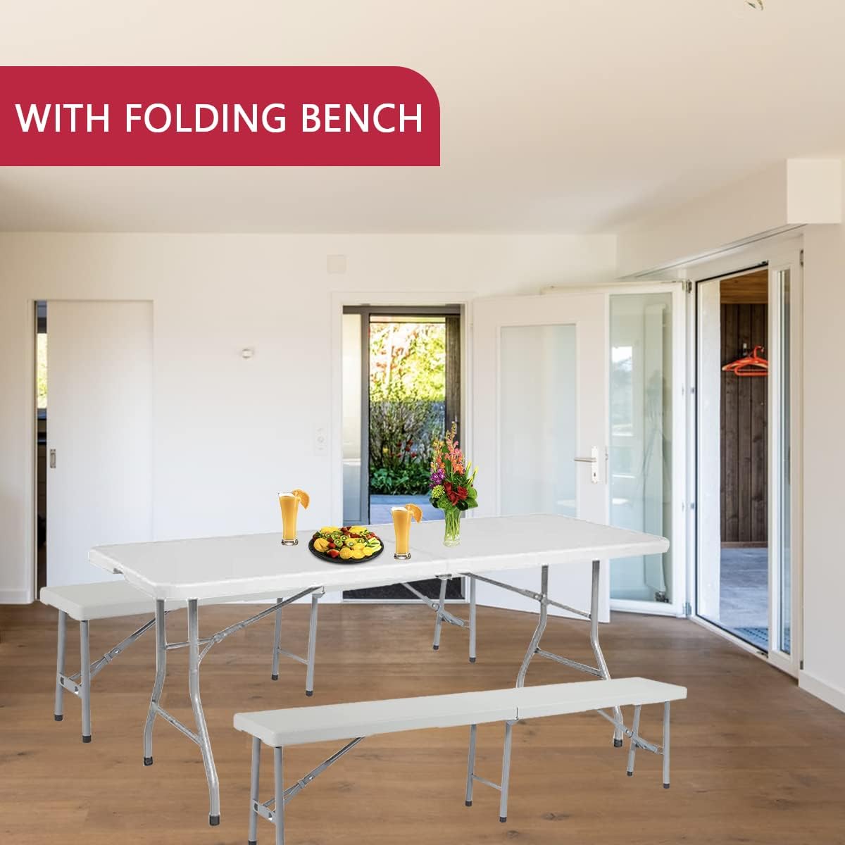 New Home Era Folding Table - Foldable Heavy Duty Plastic Table for Indoor & Outdoor Parties, Picnic, Camping, Wedding, BBQ Catering, Garden Dining - Fold-in-Half Portable Utility Table - White - 6ft : Patio, Lawn & Garden