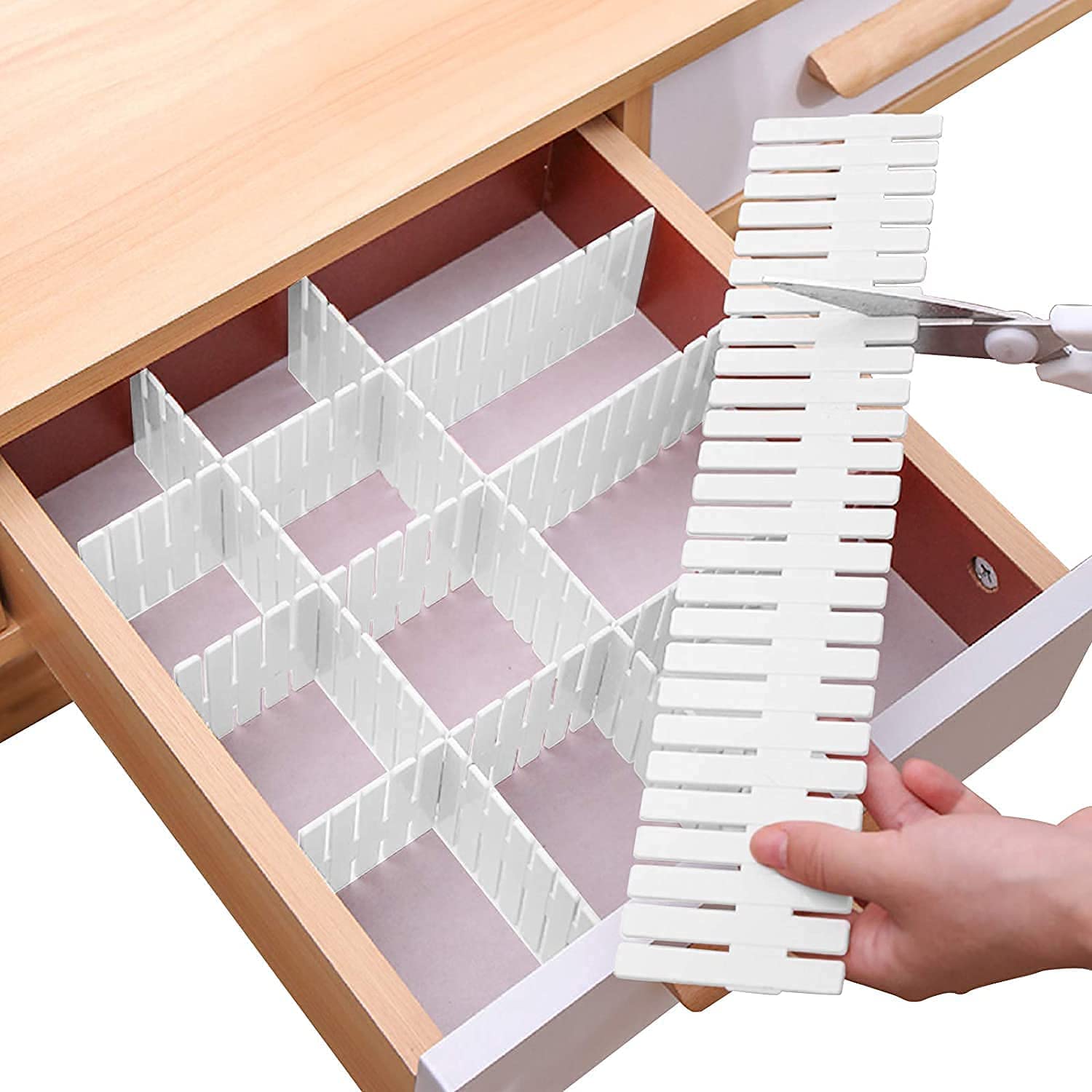 Xmart India Adjustable Drawer Divider Organizer Interlocking Plastic Grid Partition Strips for Wardrobe, Closet & Cabinet Storage DIY Drawer Organiser for Clothes, Socks, Makeup (White) (12)-image-5