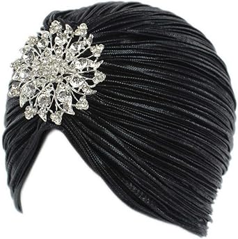 Womens 20S Gatsby Turban Hat Noble Ruffle Glitter Pleated Stretch Head Wraps Chemo Cap