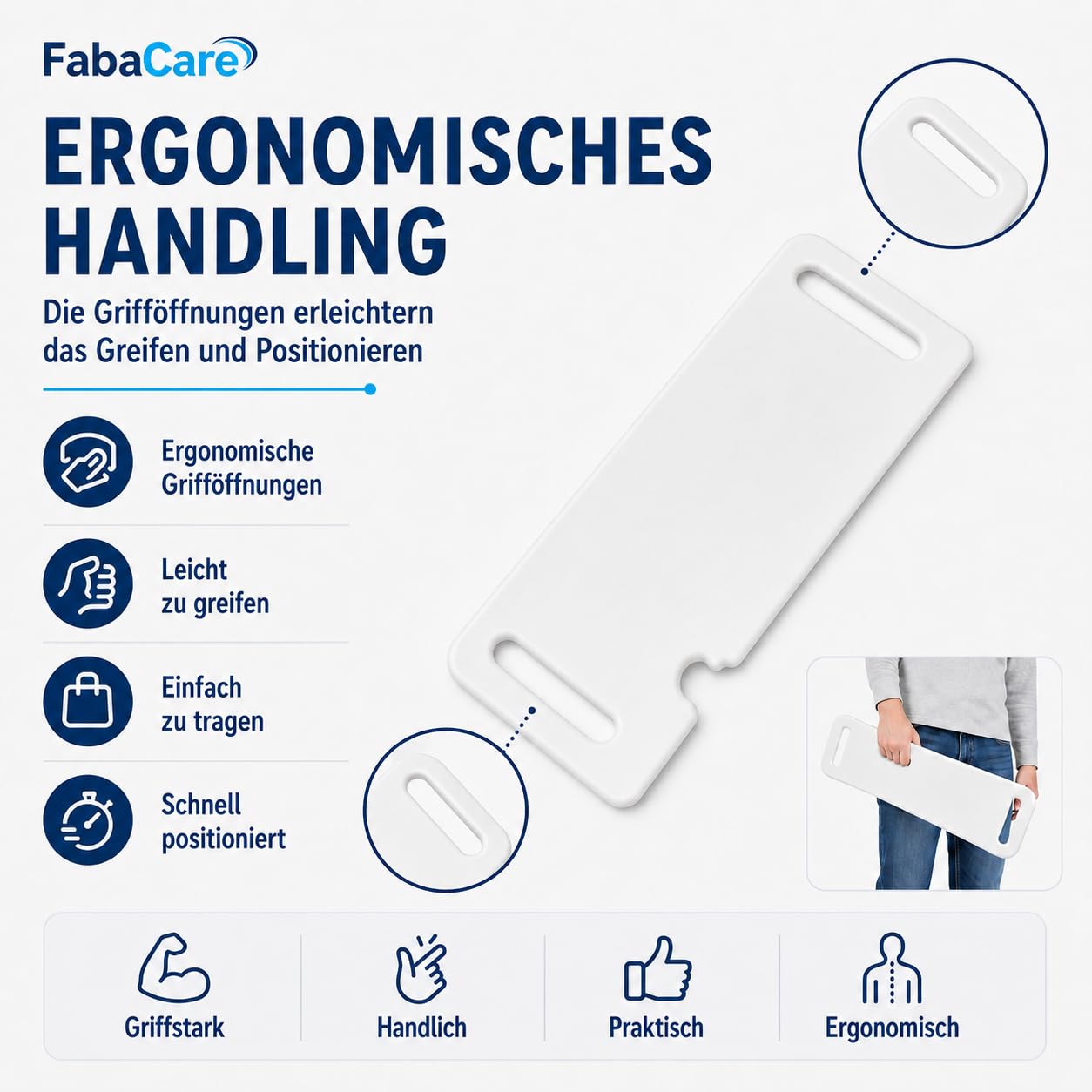 FabaCare Rutschbrett für Rollstühle EasyTransfer – Transferhilfe mit Aussparung für Reifen & Greifreifen, Rollstuhlbrett mit Grifföffnungen, Umsetzhilfe für Rollstuhl, Bett & Stuhl, 70 x 23 cm