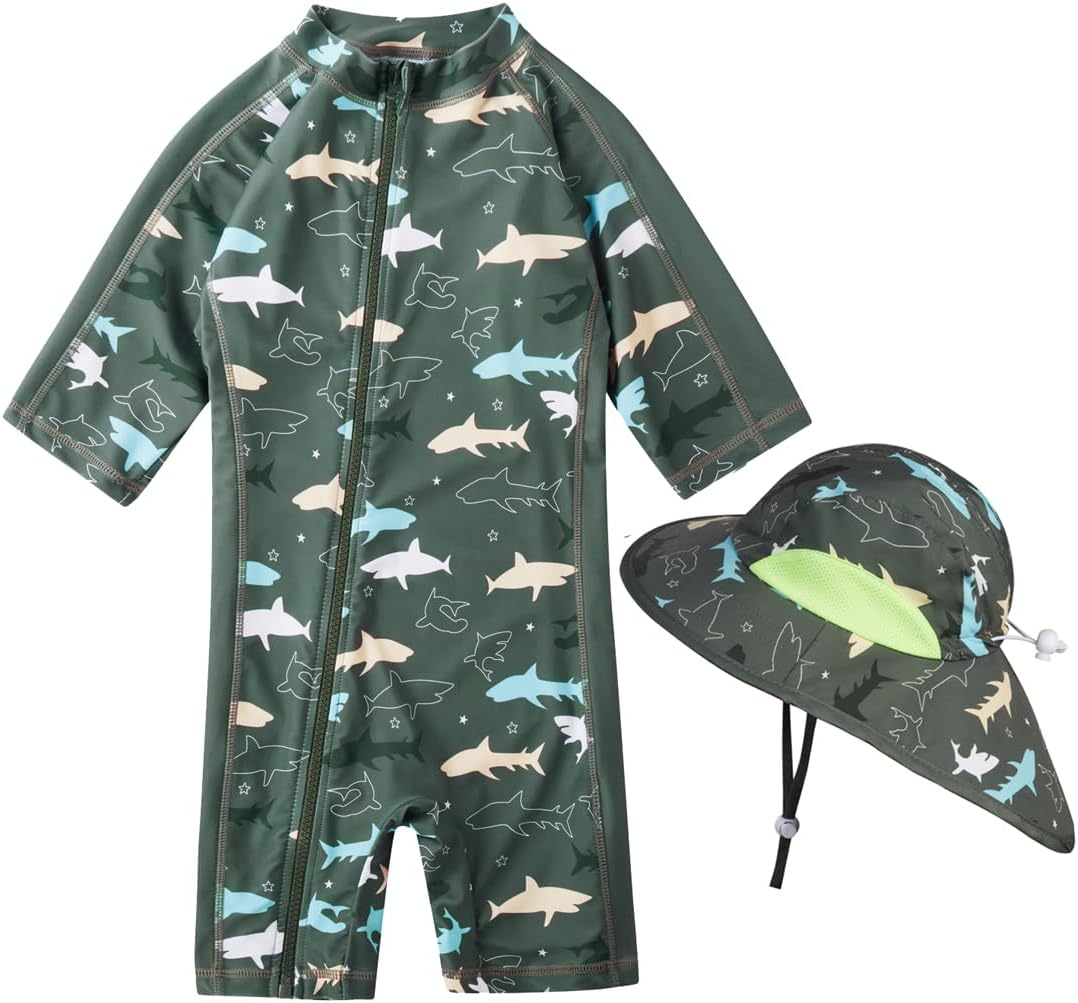 Toddler Baby Boys Swimsuit Rashguard One Piece Zipper Bathing Suit with Sun Hat Infant Swimwear Sunsuit UPF 50+