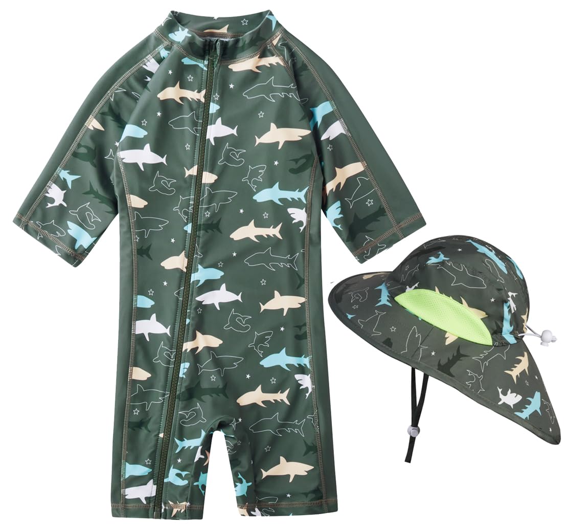 Toddler Baby Boys Swimsuit Rashguard One Piece Zipper Bathing Suit with Sun Hat Infant Swimwear Sunsuit UPF 50