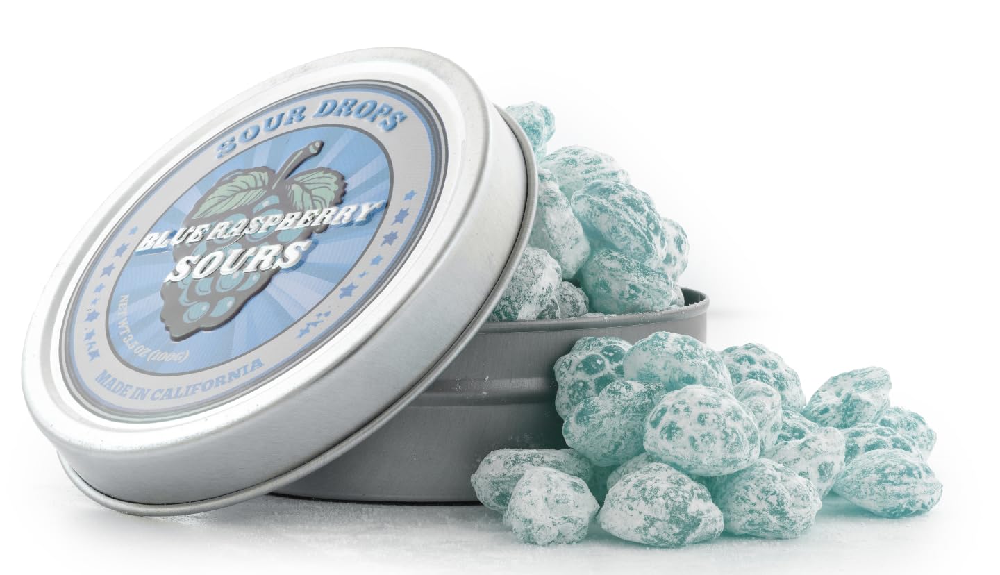 Sour Drops - Blue Raspberry Sour Hard Candy - Small Batch - No Artificial Dyes, Vegan & Gluten Free - 3 Gift Tins (100g Each)