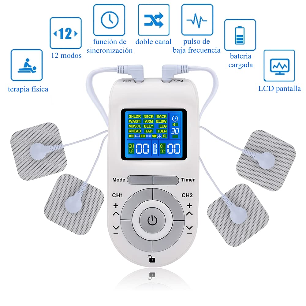 Electroestimulador Muscular, [12 Modos, 40 Intensidad] Tens Electroestimulador con 2 Canales, 4 Electrodos Autoadhesivos, Tens Ems Principio, Tens Fisioterapia para Relajar y Masajear Los Músculos