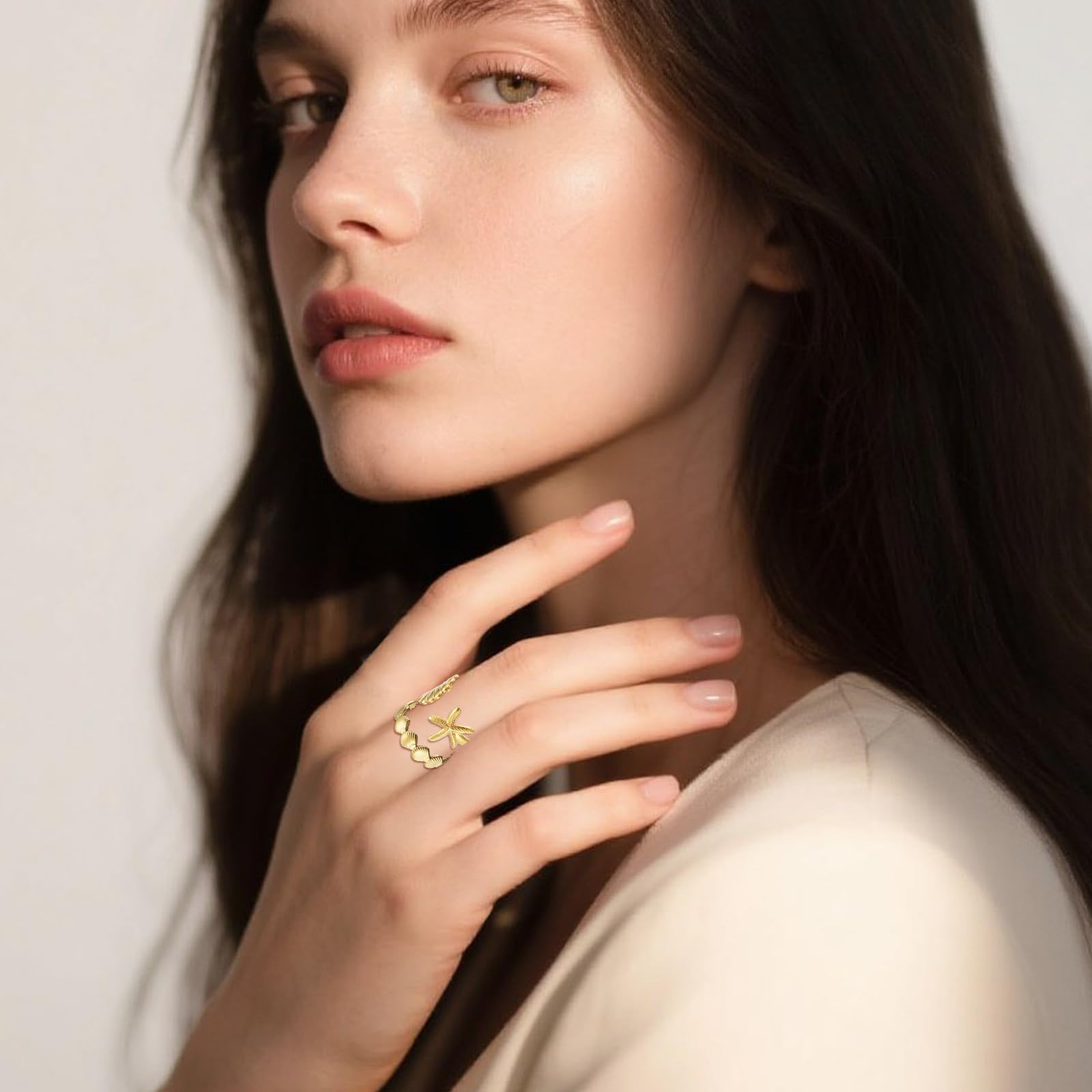 5 Stück Goldene Sommer Ringe Ocean, Seestern Muschel Ring Welle Gold Wasserfest, Muschel Ringe Gestapelt, Ginkgo Blatt Ring Edelstahl, Halb Offener ringen Sommer Schmuck Gold für Frauen und Mädchen