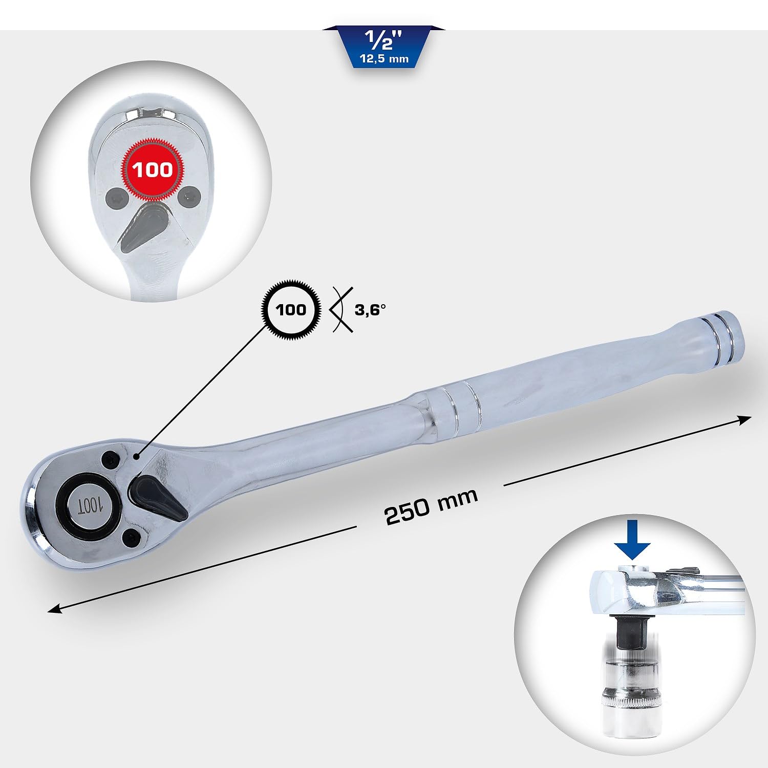 BRILLIANT TOOLS BT022995 1/2 Zoll Umschaltknarre mit Metallgriff [Powered by KS TOOLS], 250mm