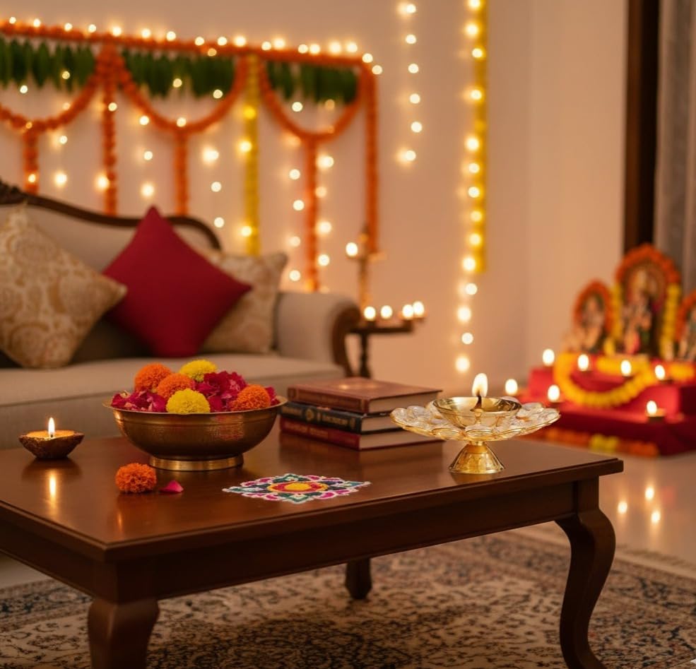 Image of Brass Crystal Diya Set of 2 | Gold Powder-Coated Finish | 3 Inch Height x 3 Inch Diameter | Decorative Metal Oil Lamps | Festive and Puja Decor