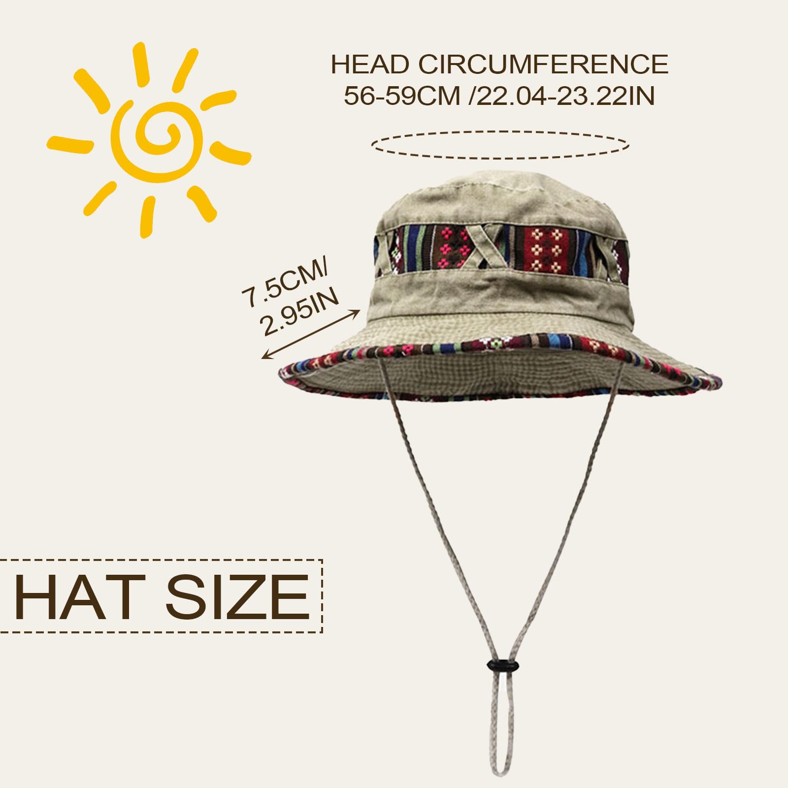 Feng Shui， Chapeau de Soleil d'été, Chapeau de Safari, Pliable, Protection UV, imprimé, Chapeau de pêche, de randonnée, de Marche, avec mentonnière réglable pour Homme et Femme (Kaki)