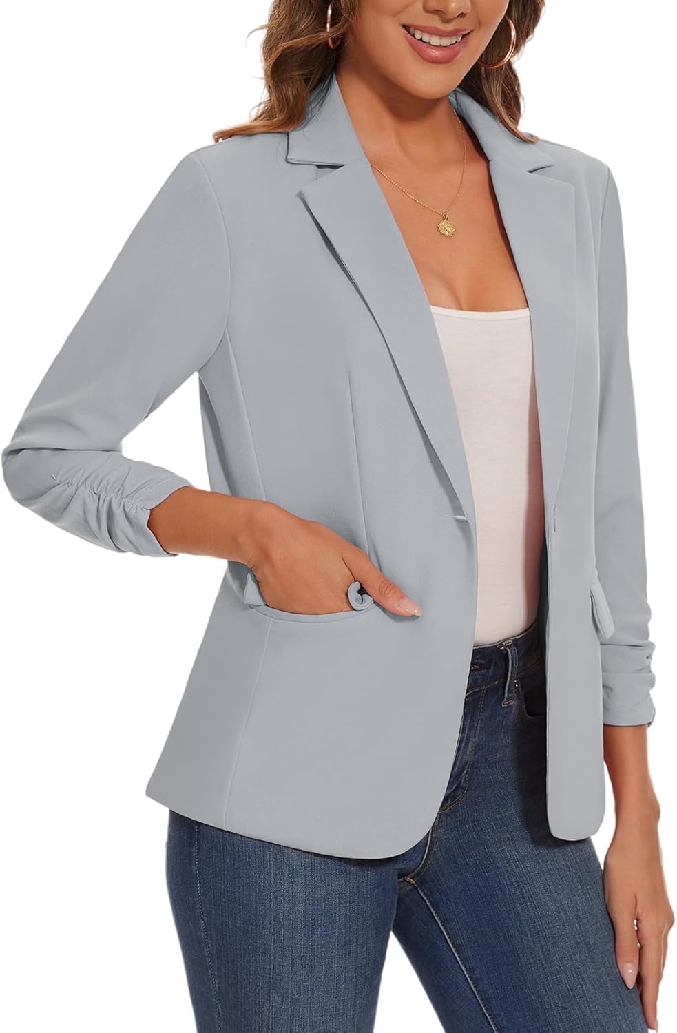 Womens Casual Blazers Ruched 3/4 Sleeve Lapel Button Slim Work Office Blazer Jacket with Pockets *Grey,Size XL* - Image 7