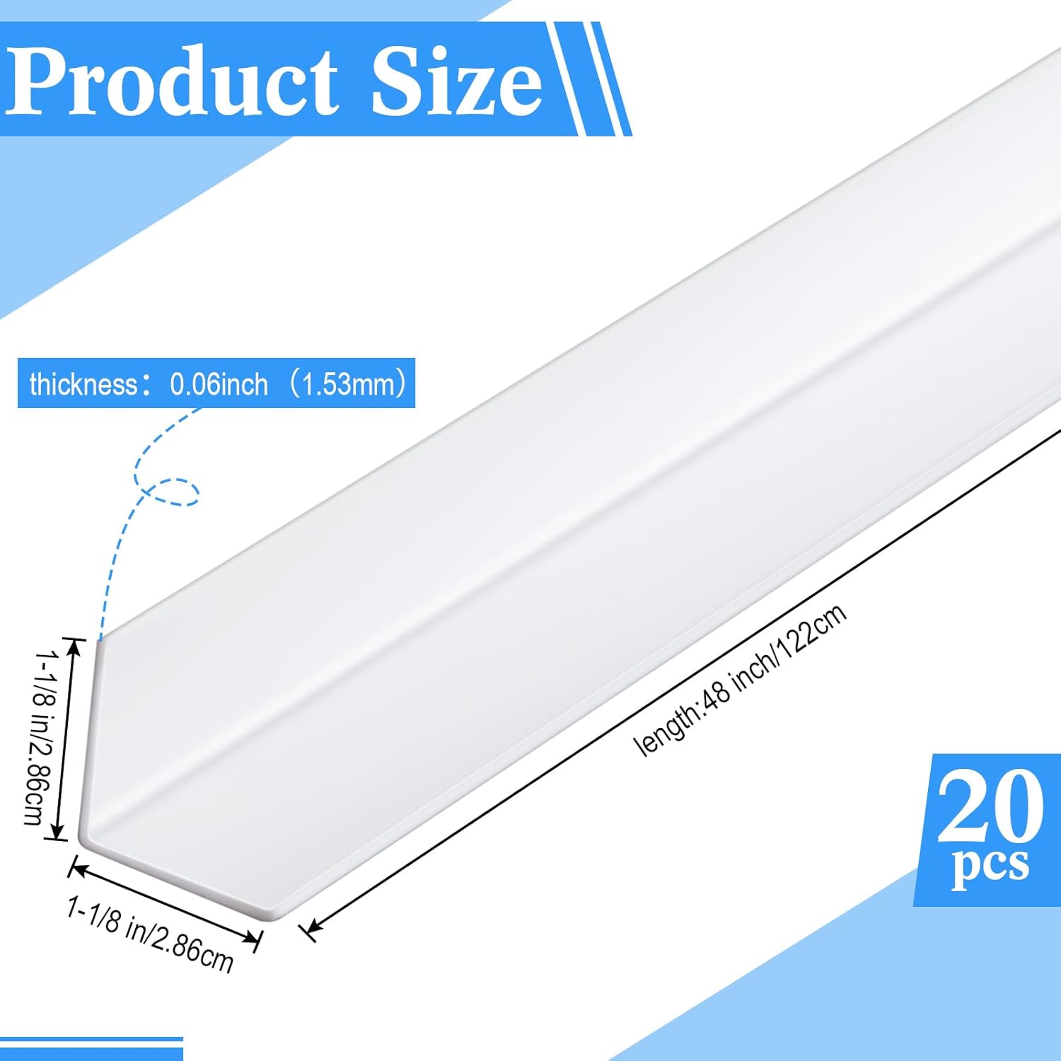 Sasylvia  Pcs Wall Corner Protector Guards, Vinyl 1-1/8 x 48 Inches Corner Trim Molding, Avoid Scratching Scuffs, Ease Install and Cleaning for Door Countertop Furniture Cabinet Protection, White 1-1/8 x 1-1/8 x 48 Inches White 20