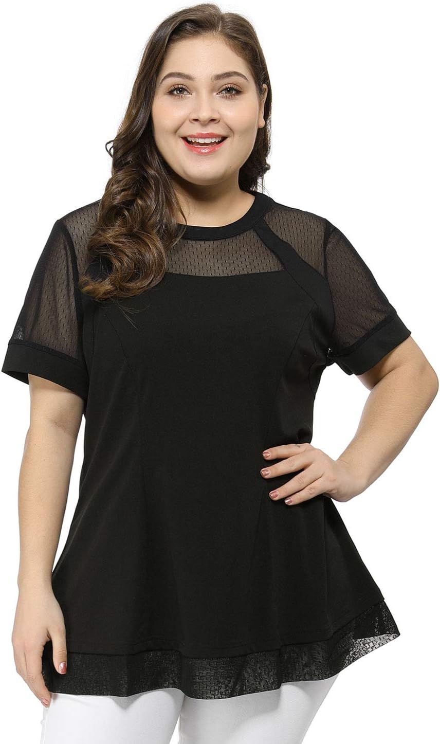 Agnes Orinda Plus Size Women's Round Neck Peplum Short Sleeve Shirts Mesh Sheer Blouses Summer Tops
