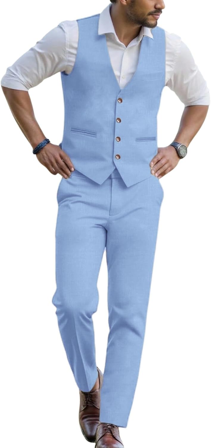 WOMS Mens Linen Suit 2 Piece Casual Summer Suits for Men Groomsmen Beach Wedding Party Vest Pants Suit