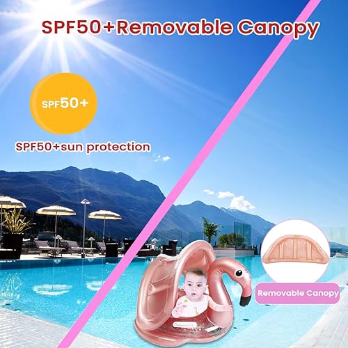 Miniatura 9 de Flotadores de piscina para bebés con toldo de protección solar extraíble, bonita balsa inflable con asiento y asa, no se voltea para niños, barco,