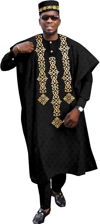Traditional African Suits for Men Embroidery Agbada Robe Shirts Pants and Hat 4 Piece Set for Wedding Evening