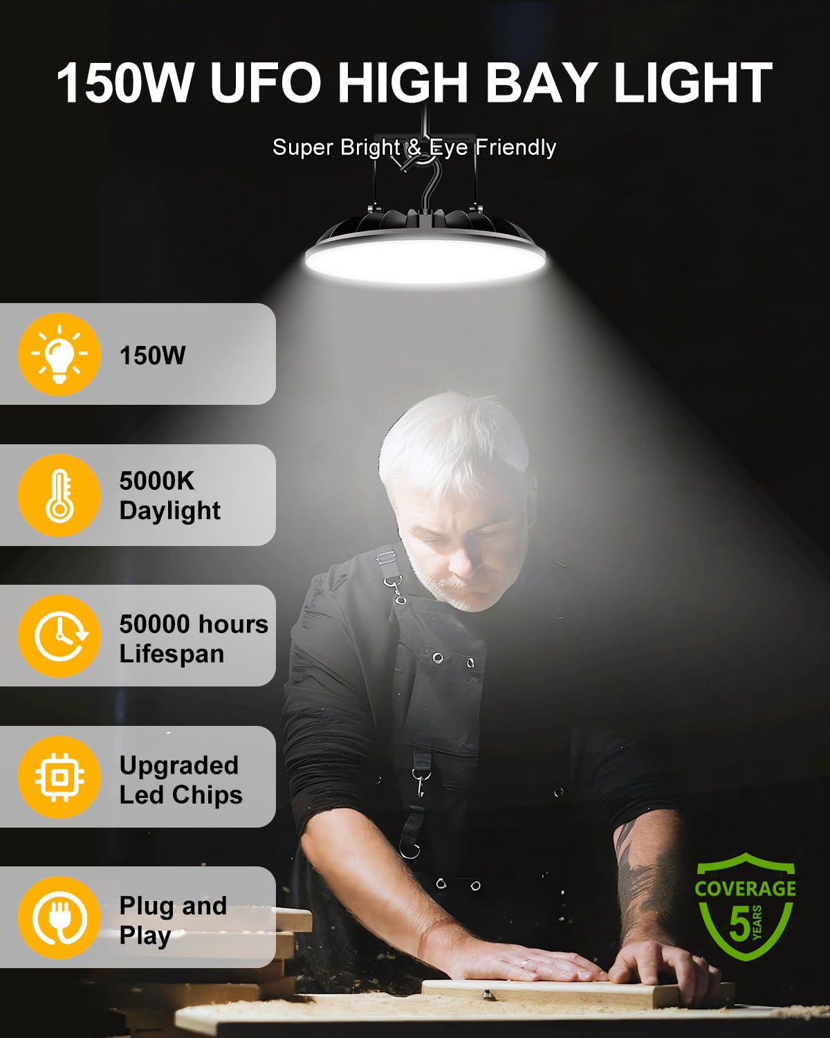 10 Pack UFO LED High Bay Light 150W 16500Lm 5000K High Bay Shop Lights UL Listed with US — view 2