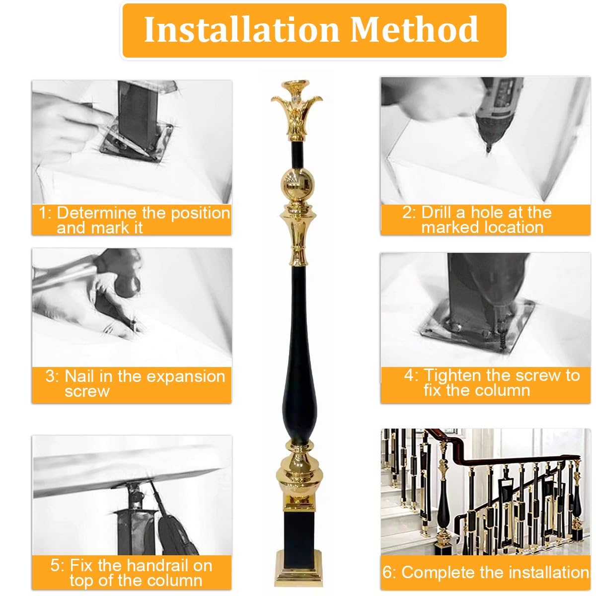 Metal Balusters Spindle for Stairway, Stair Railing Column - Durable Magnesium Aluminum Alloy for Staircases, Elegant Black and Gold Finish, Decorative and Supportive Post for Indoor Stairs(Black,10pc