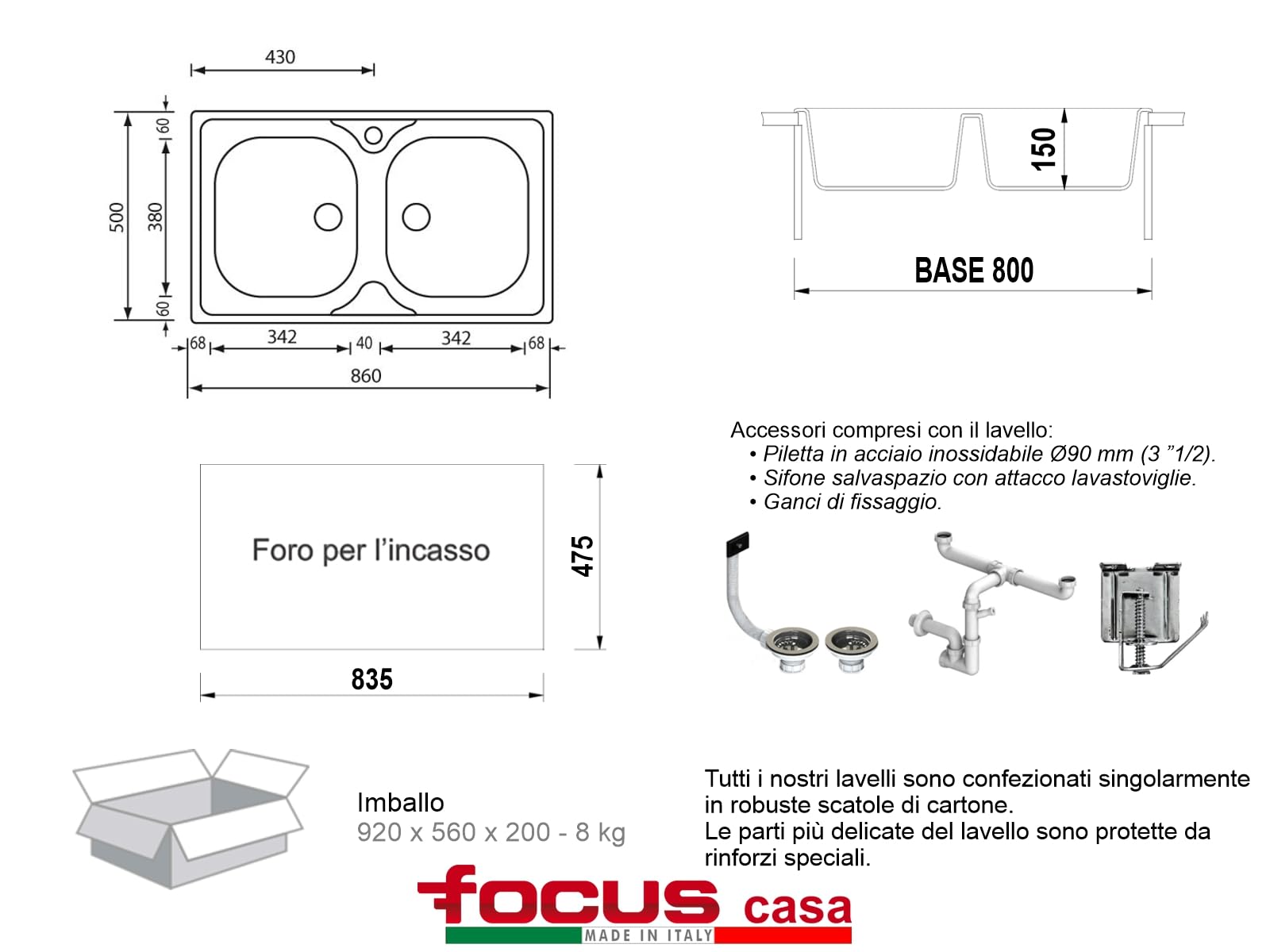 Lavello cucina Monica acciaio inox 86 x 50 cm 2 vasche stampate Made in Italy