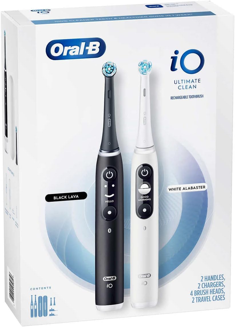 Oral-B iO Ultimate Clean Rechargeable Battery Powered Toothbrush 2-Set Incl. 2 Handles, 2 Chargers, 4 Brush Heads, 2 Travel Cases & Bluetooth (Black + White)