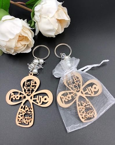Miniatura 2 de 12pcs bautismo nuevo diseño cruz madera llavero confirmación/bautismo/comunión favores para niño o niña recuerdos de bautizo