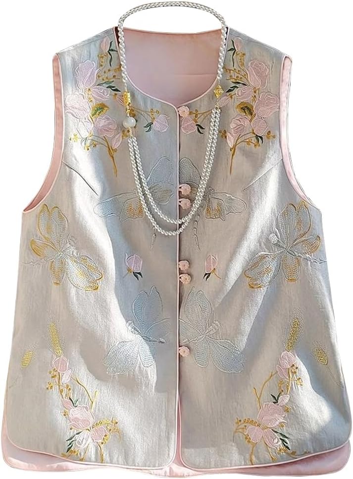 Women's Floral Vest Chinese Fashion Sleeveless Waistcoat Tang Suit Top Frog Button Cardigan Blouse Stand Collar Jacket Coat
